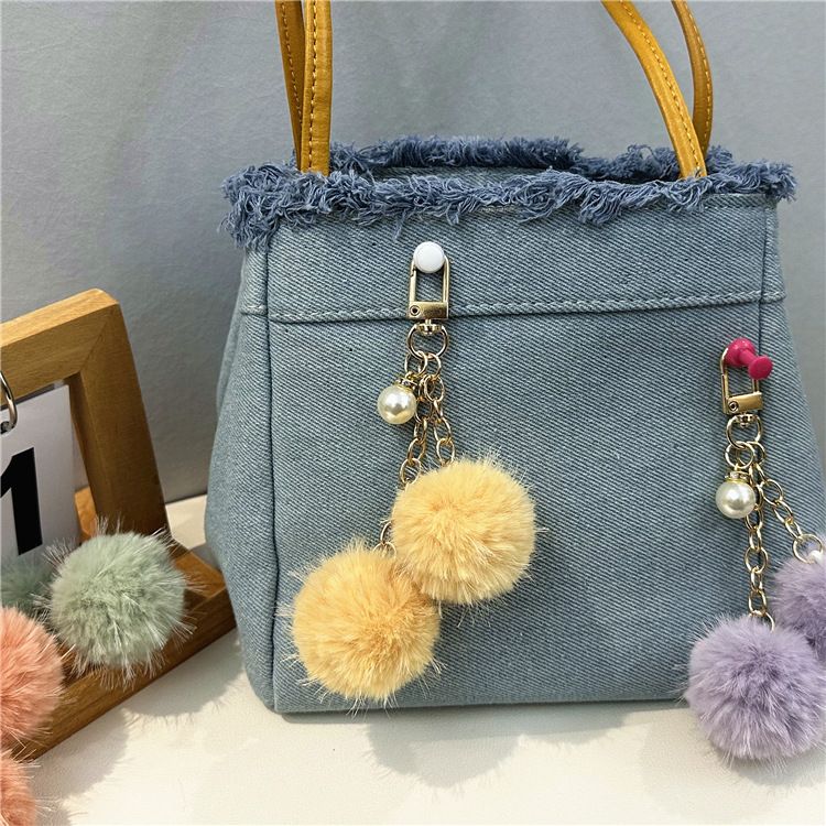 Bag Charm Cute Pearl Keychain Small Fresh Candy Plush Ball Bag Pendant Car Key Chain Earphone Cover Pendant Accessories_viptrois.com