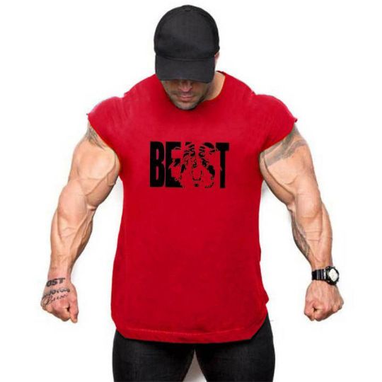 BEAST Beast Cotton Fitness Tank Top Men's GYM Sports Training Thin Round Hem Slim Fit Sleeveless T-shirt_viptrois.com