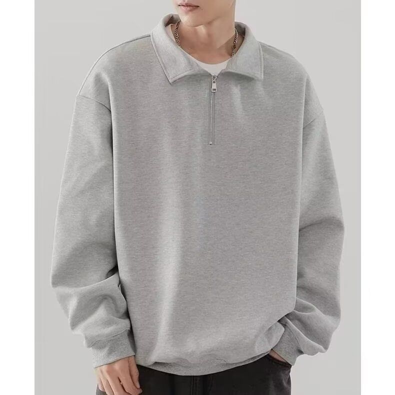 New Simple Solid Color Half Zipper Hoodie for Men's Spring and Autumn Versatile Loose Casual Collar Top_viptrois.com