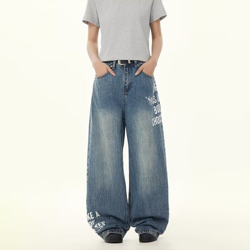 American High Street Retro Washed Boys And Girls Wide-leg Trousers Loose Straight Jeans Trendy_viptrois.com