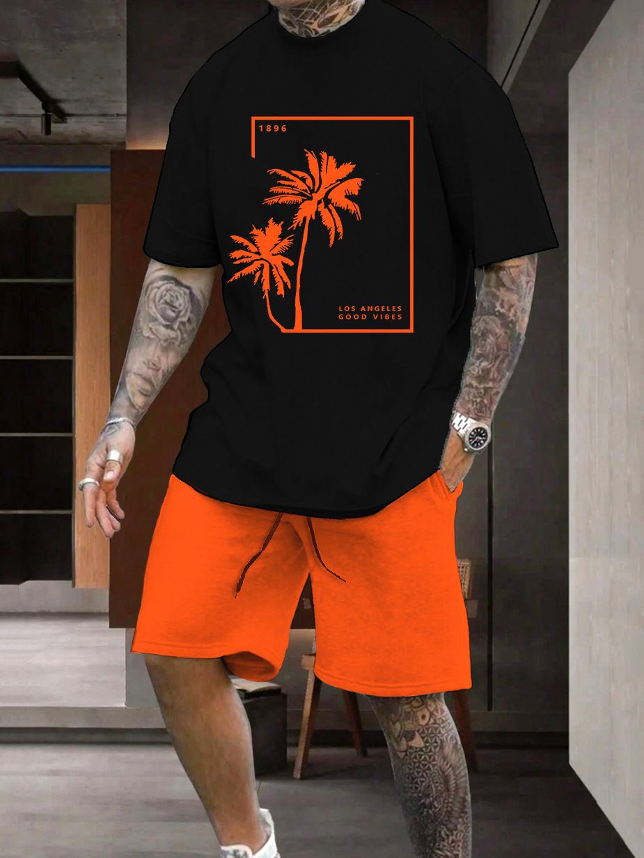 Men's Clothing Men's Casual Vacation Summer Short Sleeved Shorts Suit Coconut Tree Print_viptrois.com