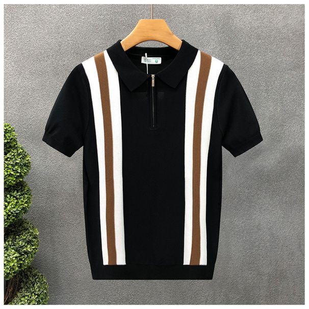 Men's Clothing Summer Men's New Color Matching Striped Knitted Polo Shirt Gentleman Lapel Short Sleeved Knitted T Shirt_viptrois.com
