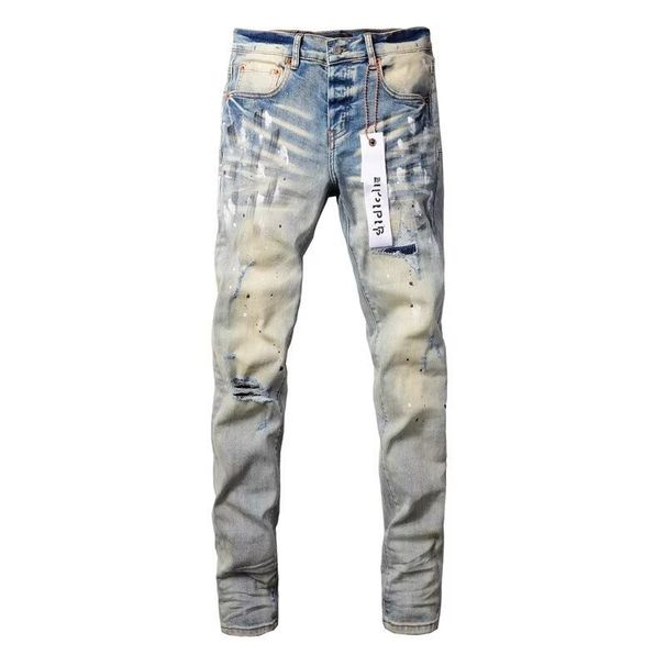 High Street Trend Brand AMR Spring Summer New Paint Splatter Light Color Ripped Jeans Men Elastic Slim Fit Skinny Pants_viptrois.com