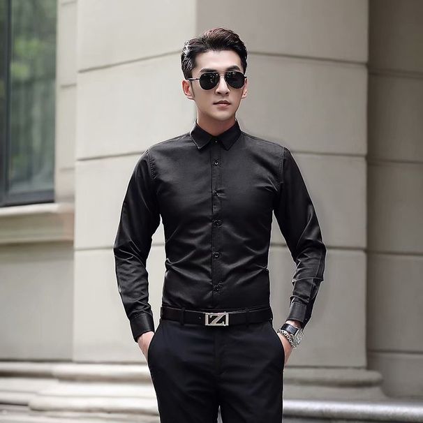Men's Clothing Slim Men's White Shirt New Men's Long Sleeved Shirt Solid Color No Iron Inch Shirt One Piece Drop Shipping_viptrois.com