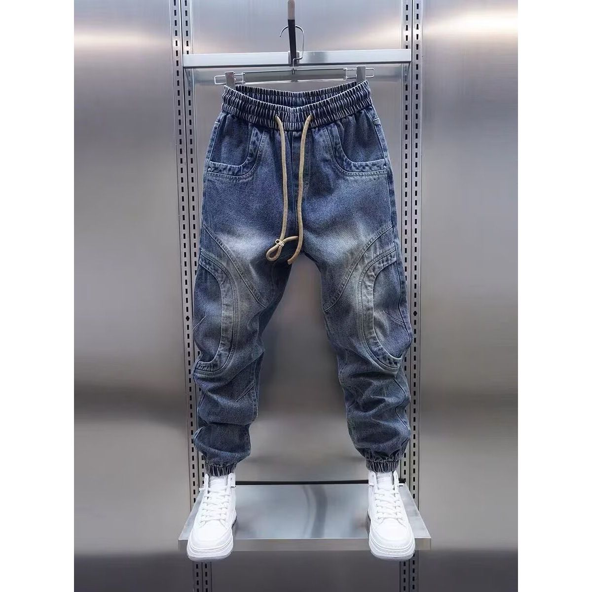 Trendy Retro Color Blocked Jeans For Men, Autumn And Winter Style, Drawstring, Slim Straight Leg, Tapered Harem Carrot Pants_viptrois.com