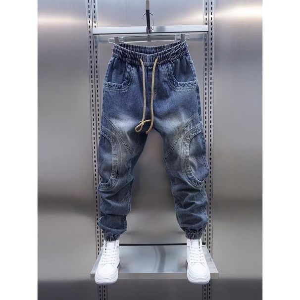 Trendy Retro Color Blocked Jeans For Men, Autumn And Winter Style, Drawstring, Slim Straight Leg, Tapered Harem Carrot Pants_viptrois.com