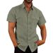 Men's Clothing Short Sleeved Shirt Solid Color Patch Pocket Cardigan Loose Lapel Linen Shirt_viptrois.com