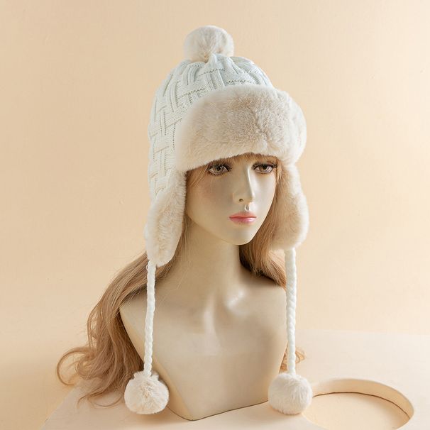 Autumn and winter plus fleece thickened ear protection hat tide brand hairball knitted Lei Feng hat outdoor travel pilot hat women's hat_viptrois.com