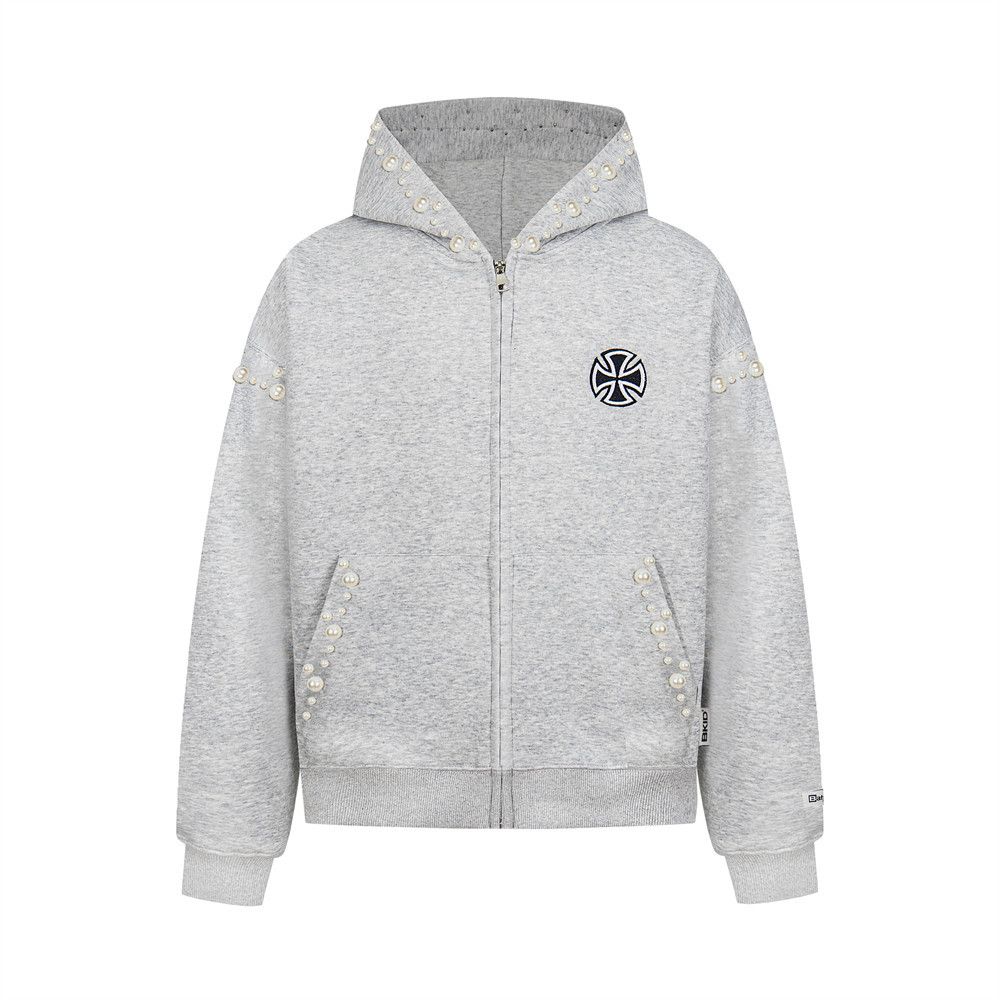 Trendy Brand Vibed Design Pearl Letter Cardigan Hooded Sweatshirt Loose Casual Unisex Beaded Personalized Jacket_viptrois.com
