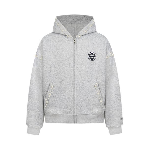 Trendy Brand Vibed Design Pearl Letter Cardigan Hooded Sweatshirt Loose Casual Unisex Beaded Personalized Jacket_viptrois.com