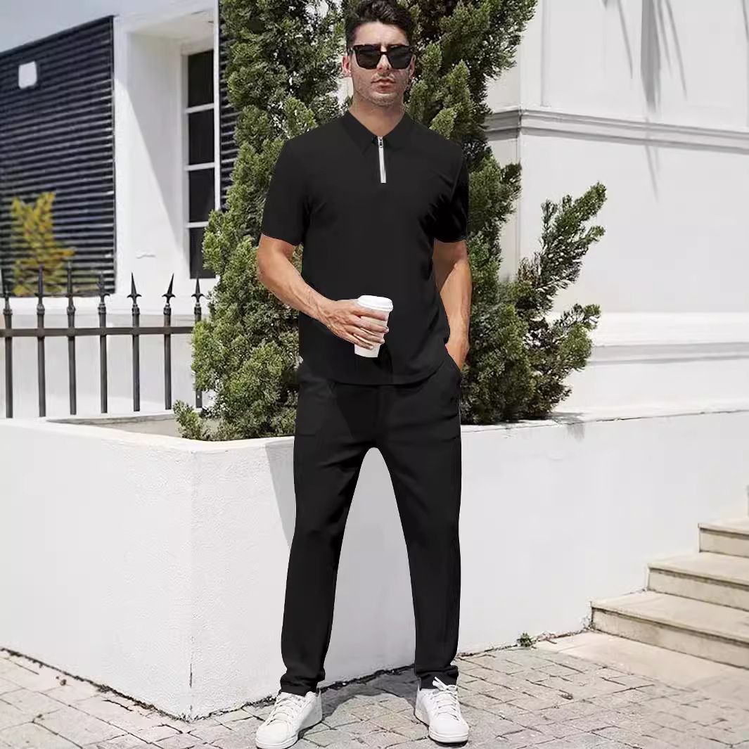 2 Piece Men's Lapel Zipper Short Sleeved Trousers Casual Sports Suit Fashion Polo Shirt_viptrois.com