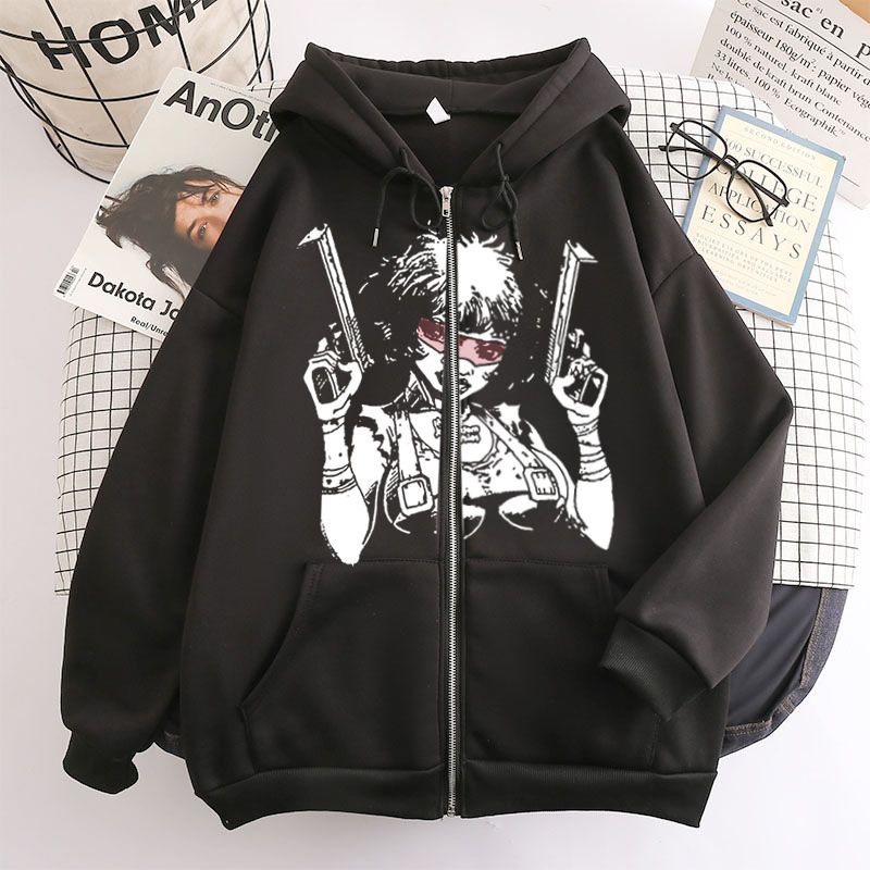 2022 New Zipper Trendy Big Picture Girl Holding A Gun Hooded Sweatshirt Jacket Top_viptrois.com