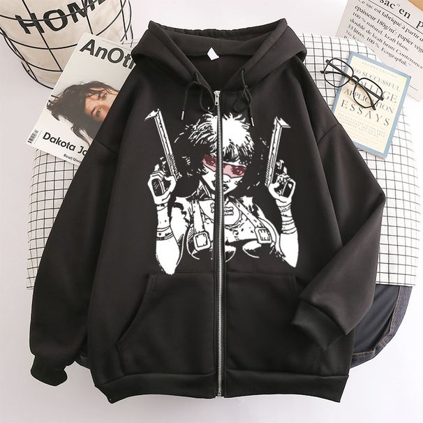 2022 New Zipper Trendy Big Picture Girl Holding A Gun Hooded Sweatshirt Jacket Top_viptrois.com