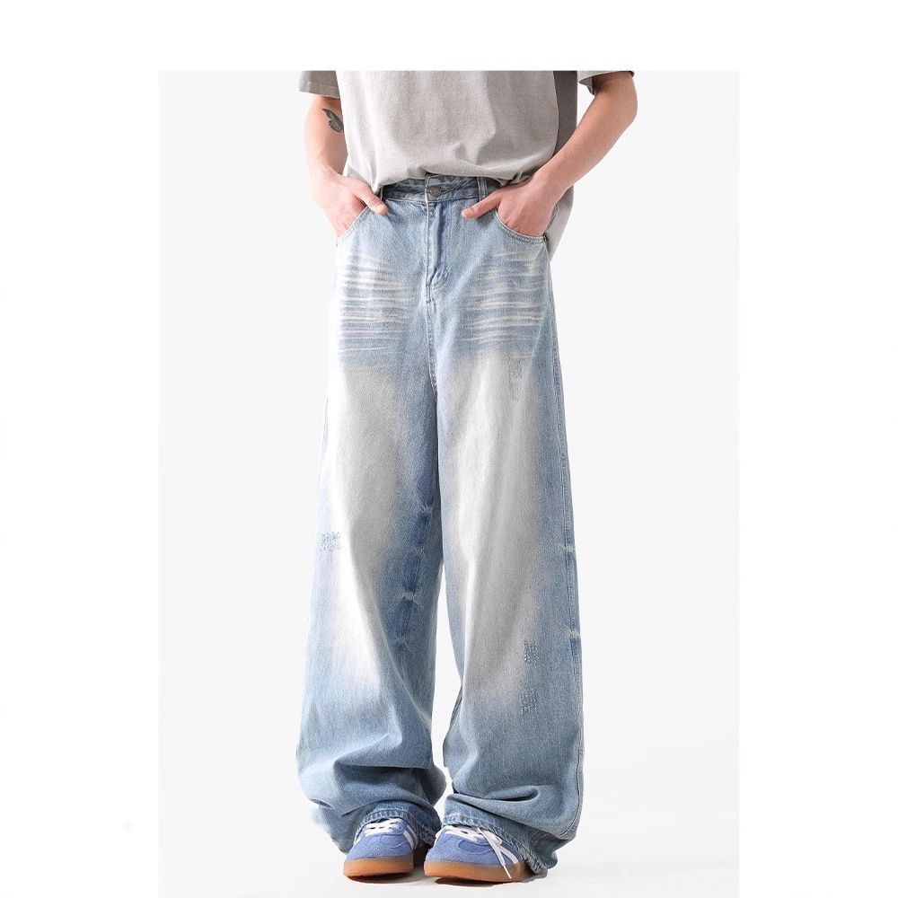 Men's Clothing Retro Washed Glacier Blue Jeans Cleanfit Casual Loose Straight Stacked Trousers_viptrois.com