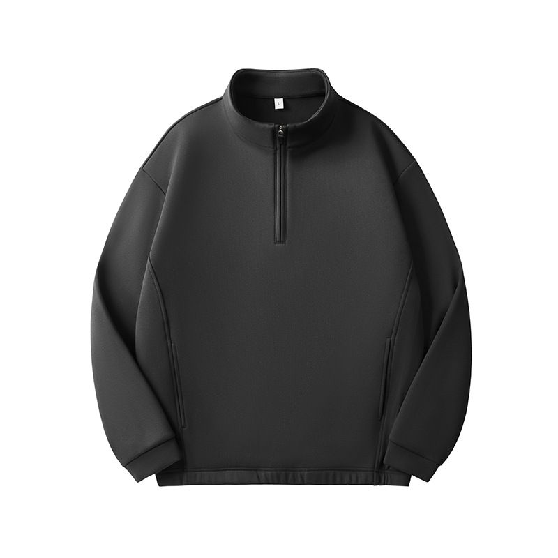 Men's Heavyweight Textured Half-Zip Stand Collar Sweatshirt – 390g Thickened Relaxed Fit Pullover For Autumn & Winter (Minimalist Style)_viptrois.com