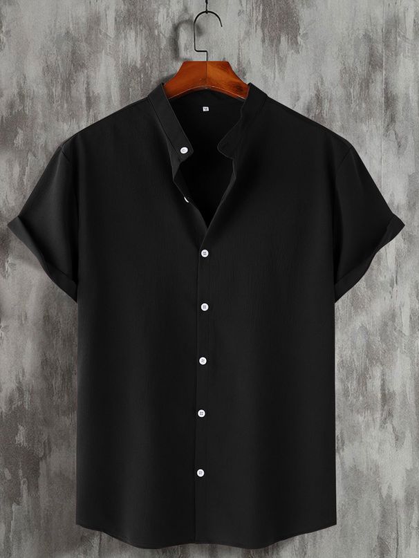Cross-border Foreign Trade Summer New Casual Fashion Solid Color Stand-up Collar Short-sleeve Men's Shirt_viptrois.com