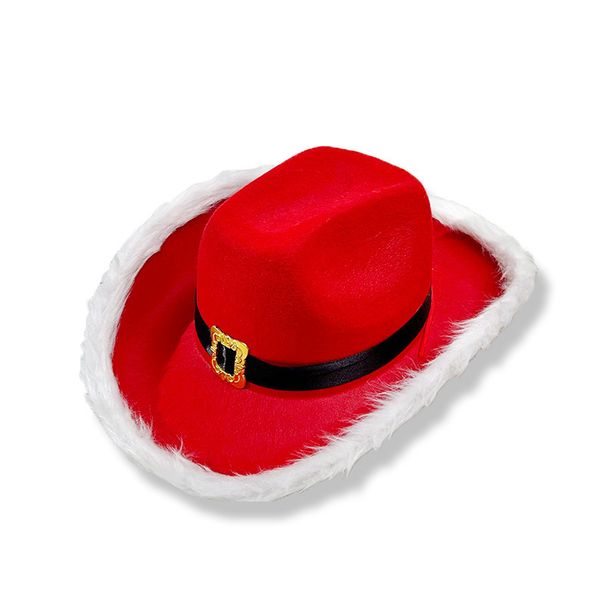 Christmas Women's Hats New Style Big Red Gold Metal Buckle Cowboy Hat Men And Women Holiday Celebration Decoration Hat_viptrois.com