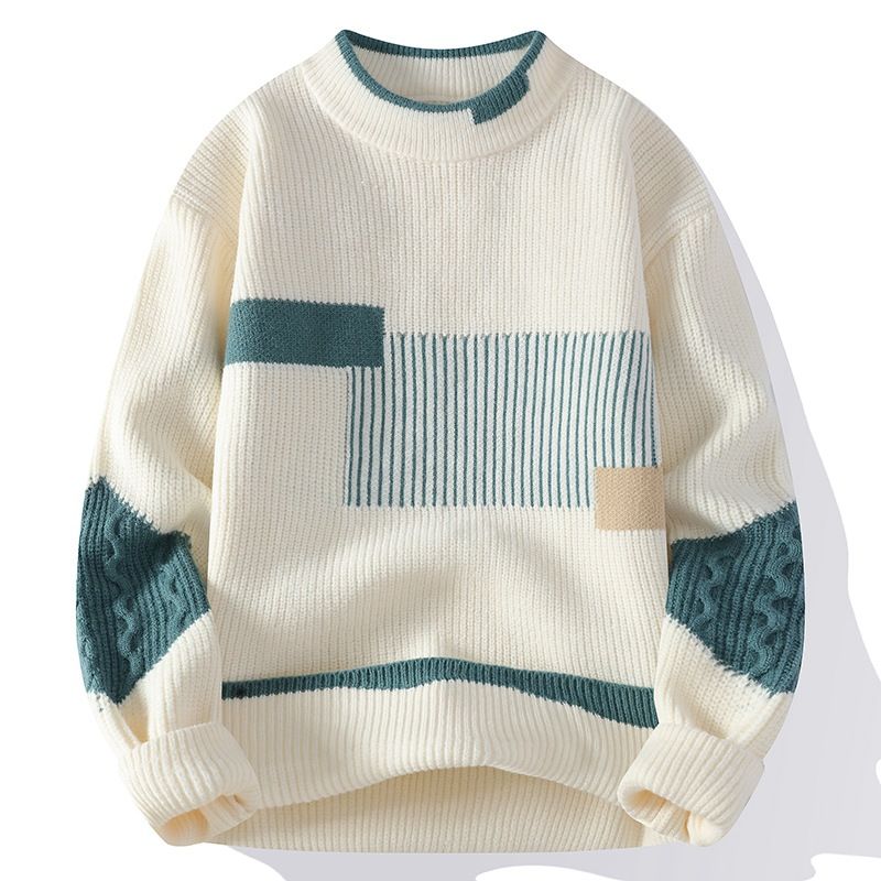 1 Half Turtleneck Men 2025 Winter New Korean Version Loose Fashion Color Block Knitted Sweater Men's Base Shirt_viptrois.com