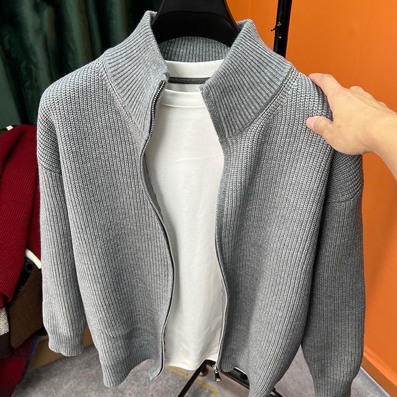 Men’s Retro Loose-Fit Knit Cardigan – Casual Zipper Sweater Jacket (Gray/Black, M-3XL)_viptrois.com