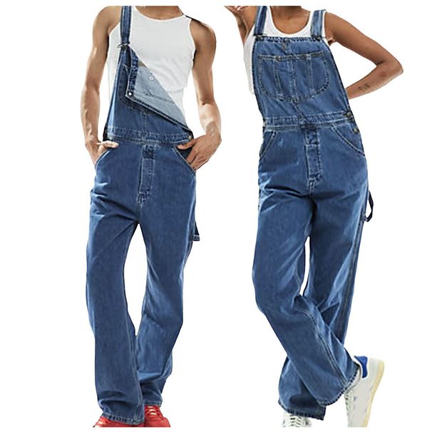 Men's Clothing Couples Outfit Men's Bib Denim Jumpsuit Ripped Denim Overalls Trousers_viptrois.com