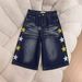 Men's High Waist Relaxed Fit Denim Shorts With Vintage Faded Starfish Print, Casual Wide Leg Cropped Beach Trousers_viptrois.com