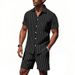 Men's Linen Stripe Short Sleeve Shirt & Casual Shorts Set – Breathable Summer Outfit For Beach & Travel Men's Sets_viptrois.com