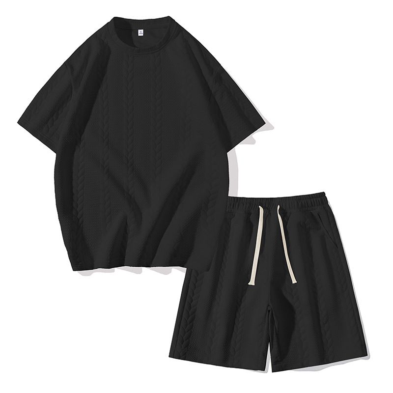 Men's Clothing New Men's Short Sleeved Suit Summer Solid Color Twisted Jacquard Casual Short Sleeved Shorts Suit_viptrois.com