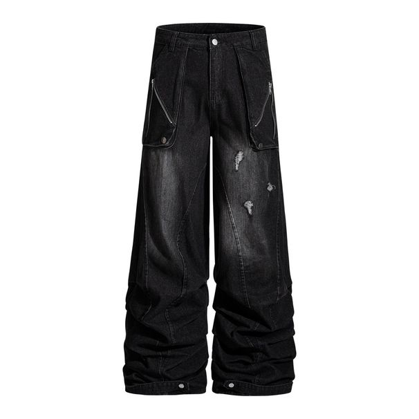 Stacked Feel Floor-Length Jeans For Men, Trendy Brand, Large Pockets, Cargo Style, Distressed Washed Design, Wide-Leg_viptrois.com