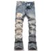 Men's Slim Fit Stretch Denim Jeans With Embroidered Skull Design, Retro Vintage American Style, Slight Flare Leg_viptrois.com