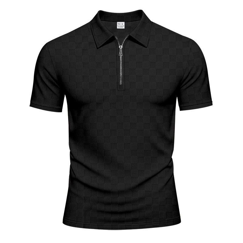 Men's Heavyweight Checkered Jacquard Collared Shirt Casual Loose Fit Half Zip Short Sleeve Breathable Cotton Blend Summer Top_viptrois.com
