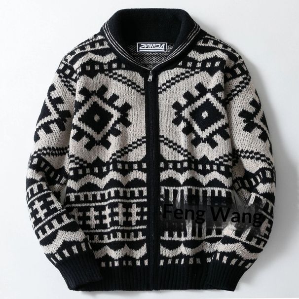 Pulse Autumn Winter Clothing Foreign Trade Cross-Border Vintage Jacquard Knit Men's Jacket Long Sleeve Zipper Cardigan Sweater_viptrois.com