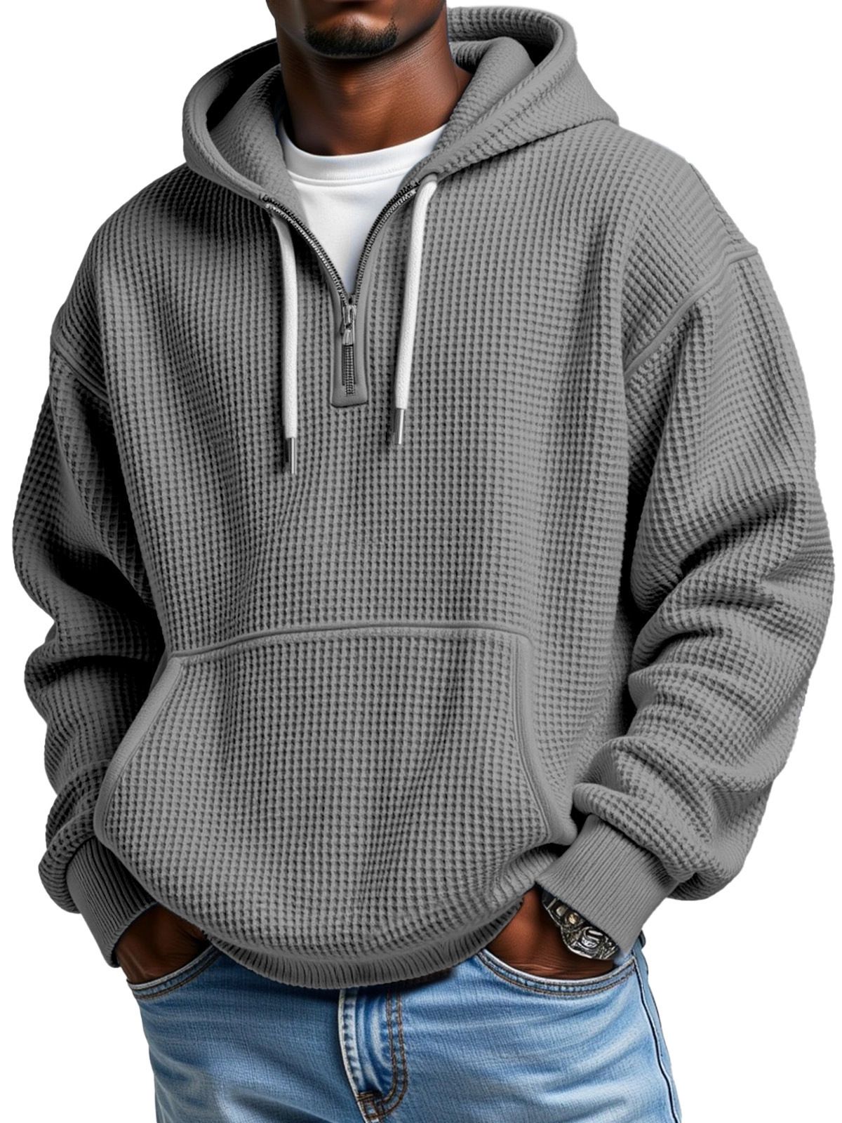 Hot Sale Premium Waffle Knit Hoodie For Men - Oversized Retro Streetwear With Kangaroo Pocket & Adjustable Drawstrings_viptrois.com