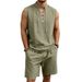 Men's Linen Short Sleeve Shirt And Shorts Set, Breathable Summer Outfit, Medieval Style Drawstring Waist, Loose Fit Vacation Loungewear_viptrois.com