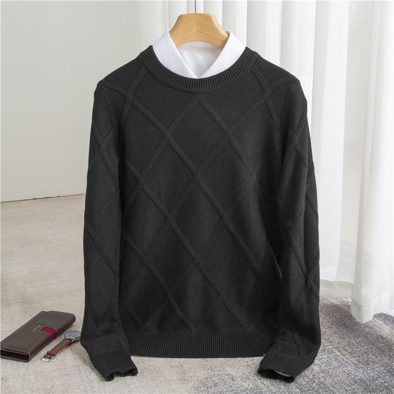 Men's Korean-Style Jacquard Sweater – Thickened Round Neck Pullover (Black/Khaki/Beige/Light Blue/Medium Gray, Sizes S-3XL_viptrois.com