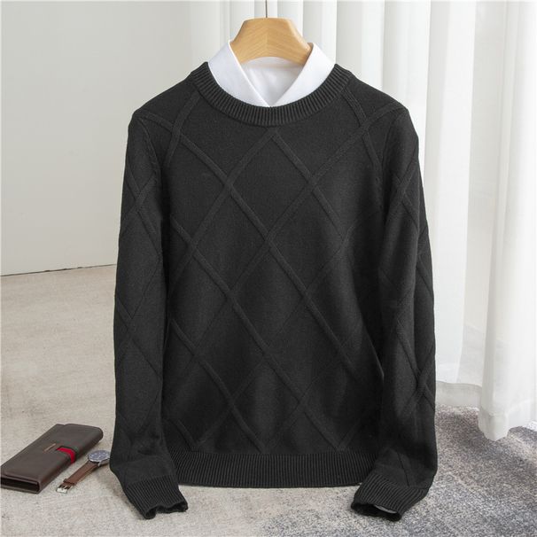 Men's Korean-Style Jacquard Sweater – Thickened Round Neck Pullover (Black/Khaki/Beige/Light Blue/Medium Gray, Sizes S-3XL_viptrois.com