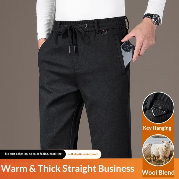 Pure Genuine Sheep Wool Casual Thickened Autumn Winter Style Straight Loose Elastic Waist High-end Men's Long Pants_viptrois.com