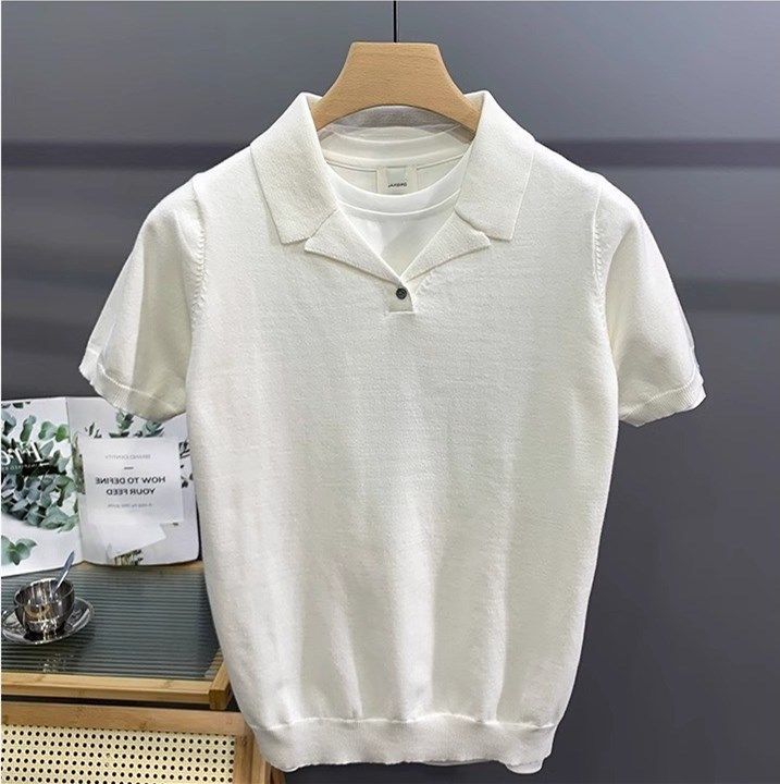 Men's Clothing Men's Handsome Small V Neck Solid Color Knitted Polo Shirt British Slim Short Sleeved T Shirt Casual Retro Top Trend_viptrois.com