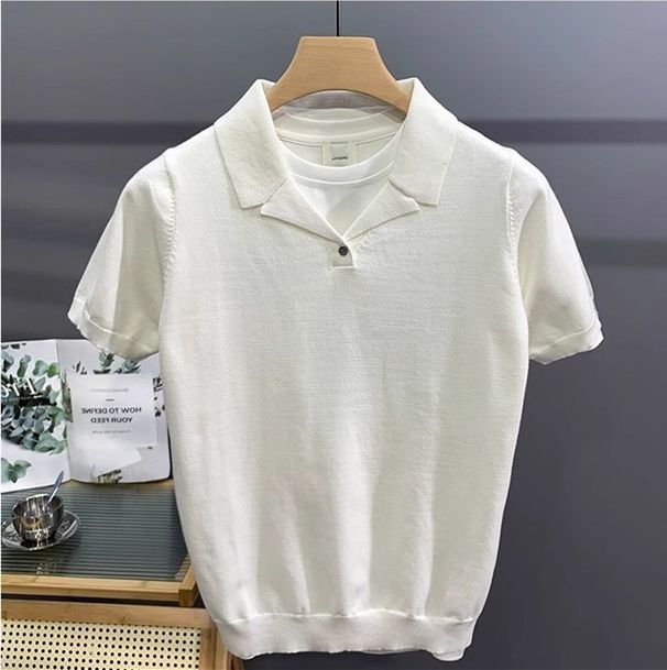 Men's Clothing Men's Handsome Small V Neck Solid Color Knitted Polo Shirt British Slim Short Sleeved T Shirt Casual Retro Top Trend_viptrois.com