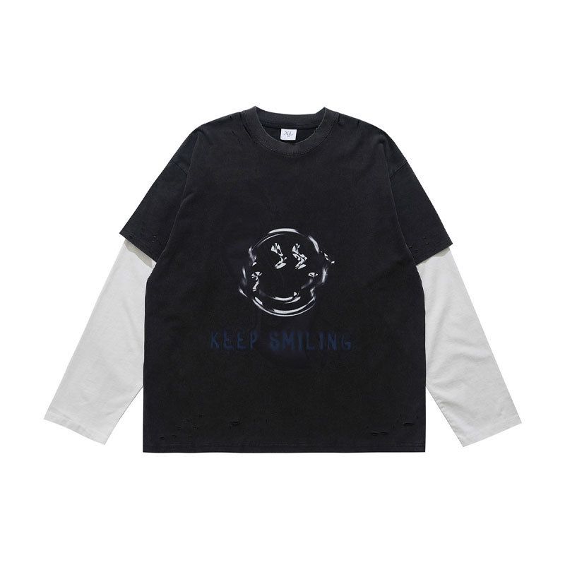 American-style Washed Letter Print Fake Two-piece Spliced Long-sleeve T-shirt, Unisex Trendy Loose Fit_viptrois.com