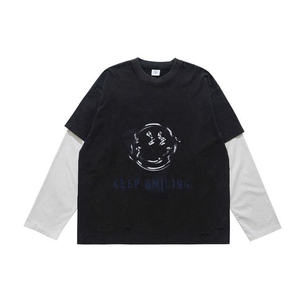 American-style Washed Letter Print Fake Two-piece Spliced Long-sleeve T-shirt, Unisex Trendy Loose Fit_viptrois.com