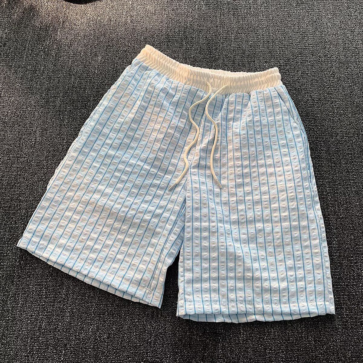 Men's High-Waisted Green Striped Casual Shorts Retro Hot Girl Style New Summer Vacation Beach Pants_viptrois.com