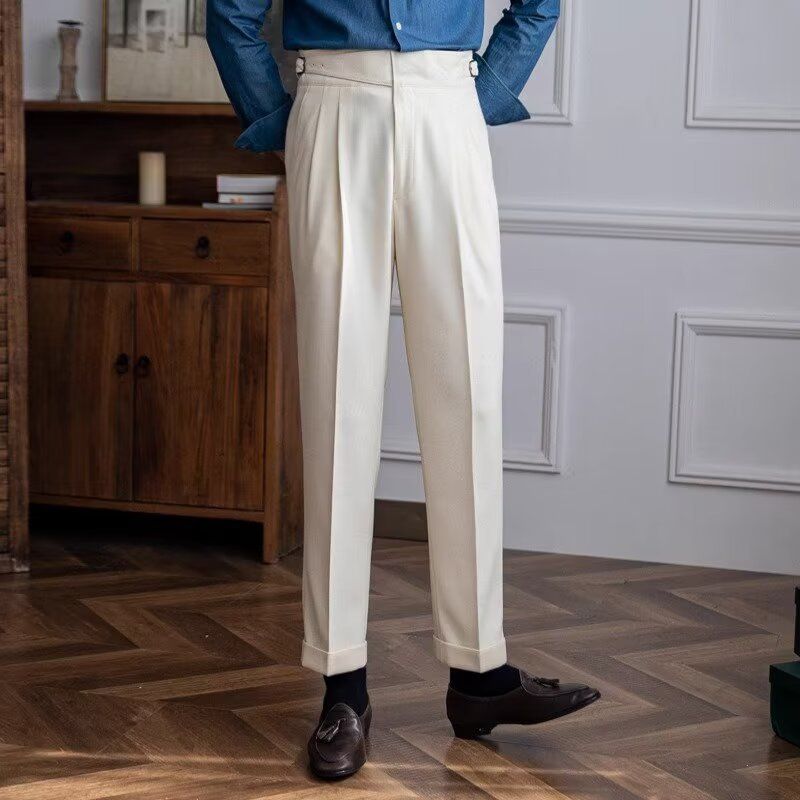 Men's Clothing Casual High Waist Suit Trousers Men Autumn Paris Buckle Business Drape Straight Trousers Retro Drape Suit Trousers_viptrois.com