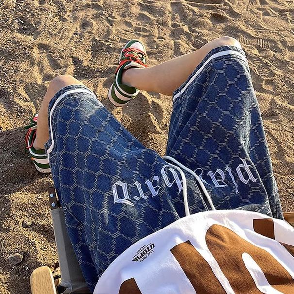 Men's Clothing Denim Shorts Men's Summer Trendy Brand Ins Loose Straight High Street Niche Letter Shorts Casual Pants_viptrois.com