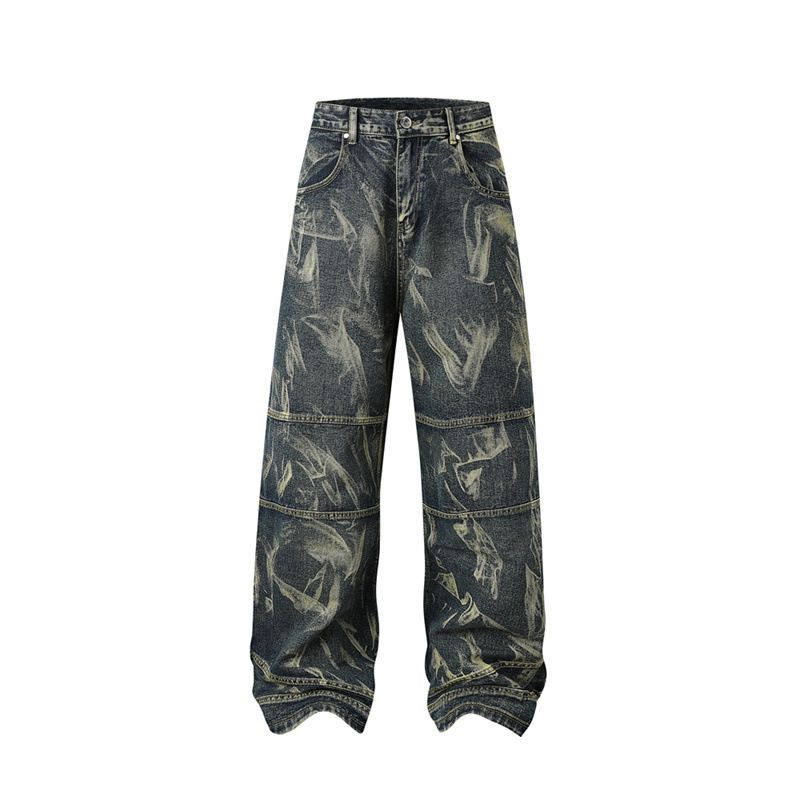 Men's Clothing High Street Distressed Jeans For Men And Women Dyed Personalized Design Cool Deconstruction Trendy Retro Straight Trousers_viptrois.com