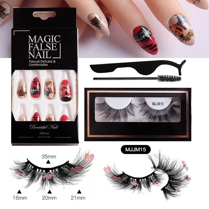 Halloween False Eyelashes Manicure Set with Halloween Nail Pieces False Nail Pumpkin Ghost Eyelashes Halloween Party Essential_viptrois.com