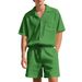 Men's 2 Piece Suit Lapel Cardigan And Shorts Set Summer Vertical Striped Solid Color Short Sleeved American Style_viptrois.com