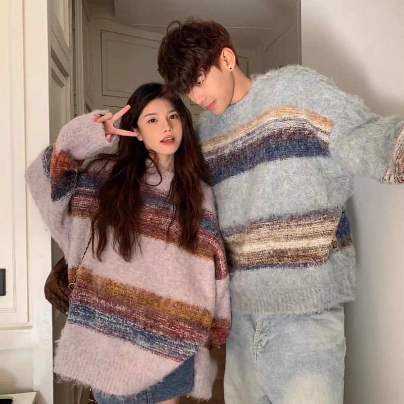 A Niche Gradient Striped Sweater For Autumn And Winter Couples, Knitted Sweater Jacket_viptrois.com