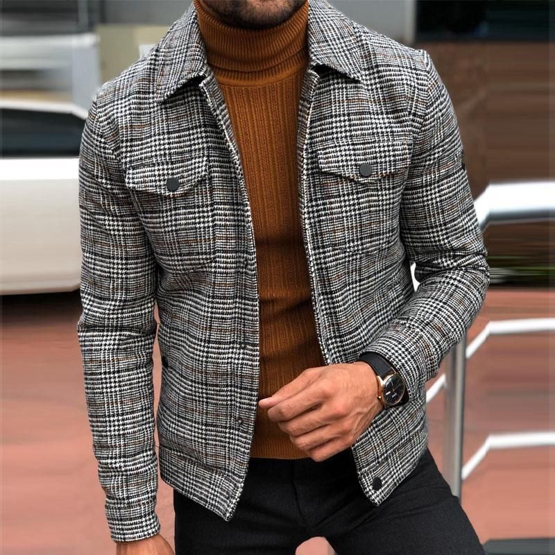 Men's Classic Checkered Jacket – Slim Fit Polyester Coat With Notch Lapel (S-XXXL, Business Casual, Lightweight Outerwear)_viptrois.com