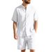 Men's Clothing Summer Shirt Loose Fit Linen Material Henry Collar Beach Short Sleeved Shorts Suit Casual Style_viptrois.com
