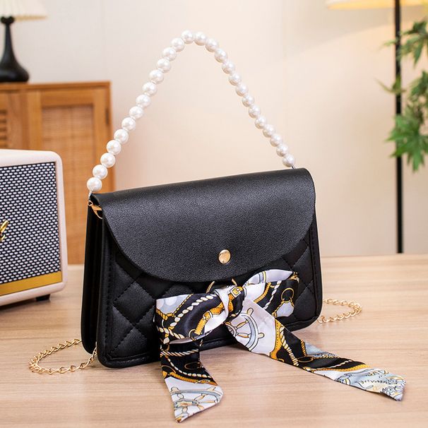 Women's Quilted Crossbody Bag With Scarf & Pearl Chain - Elegant Shoulder Purse For Women_viptrois.com